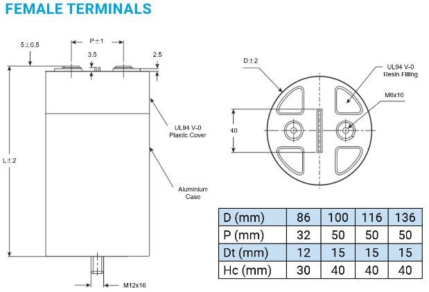 Technische Zeichnung - KYOCERA AVX FFLR DC-Filter-Folienkondensatoren